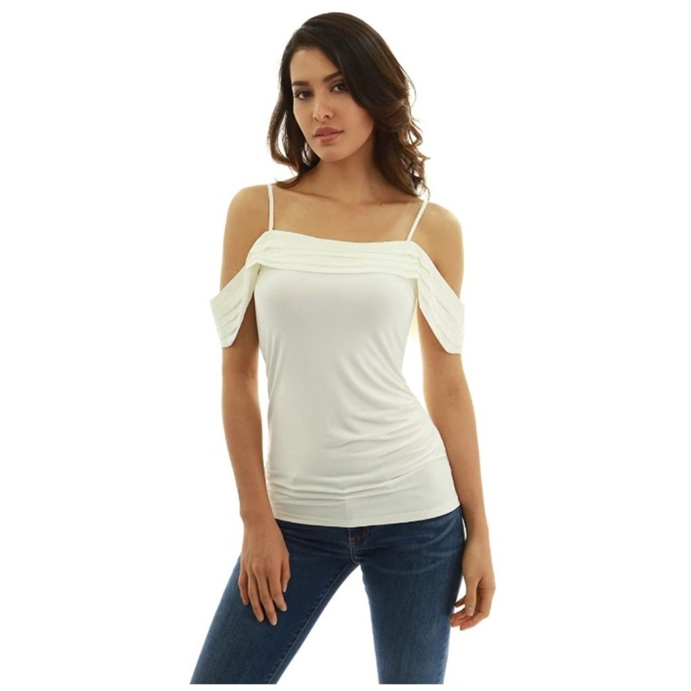 PattyBoutik Ivory Color Spaghetti Strap Chiffon Off Shoulder Blouse Size Large